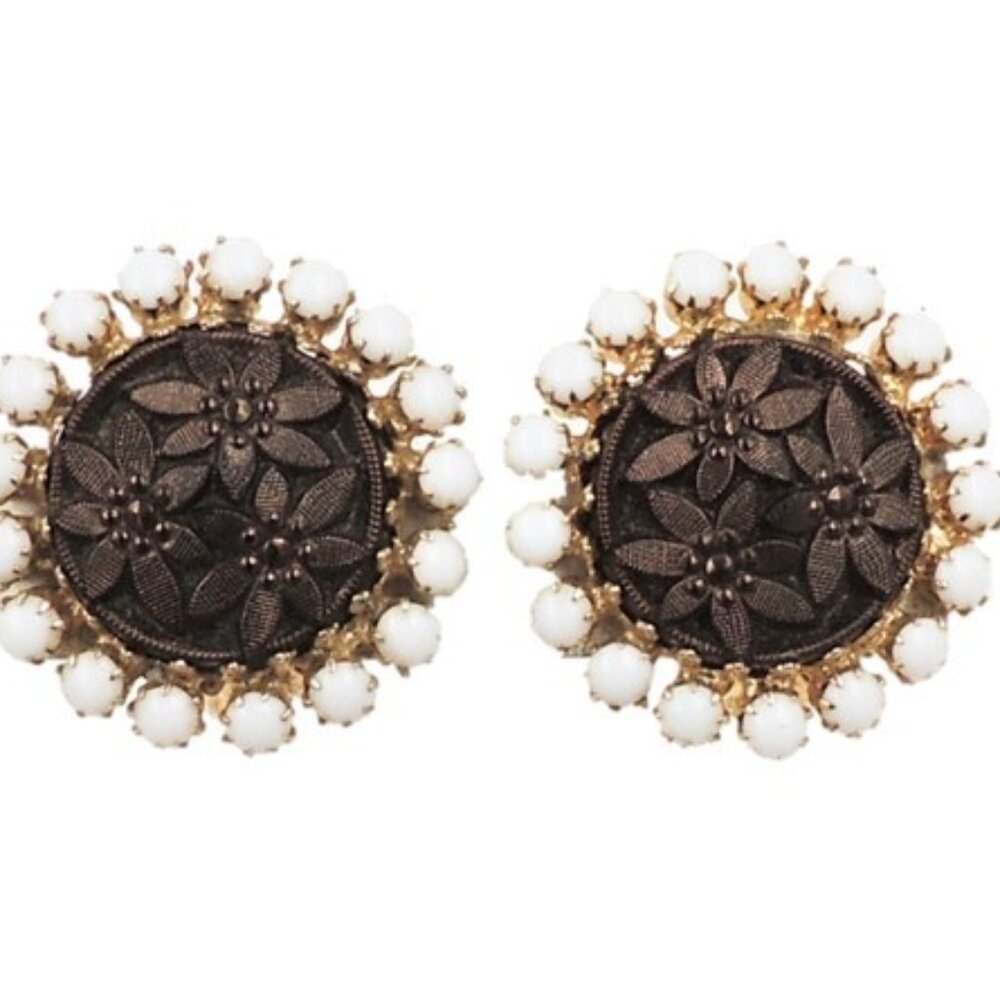 Vintage 1960s Signed Alice Caviness Faux-Hematite Carved Flower Clip Earrings